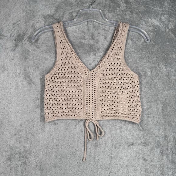 Pink Rose Sweater Womens Medium Cream Open Crochet Neutral Bohemain Peasant - Picture 2 of 10